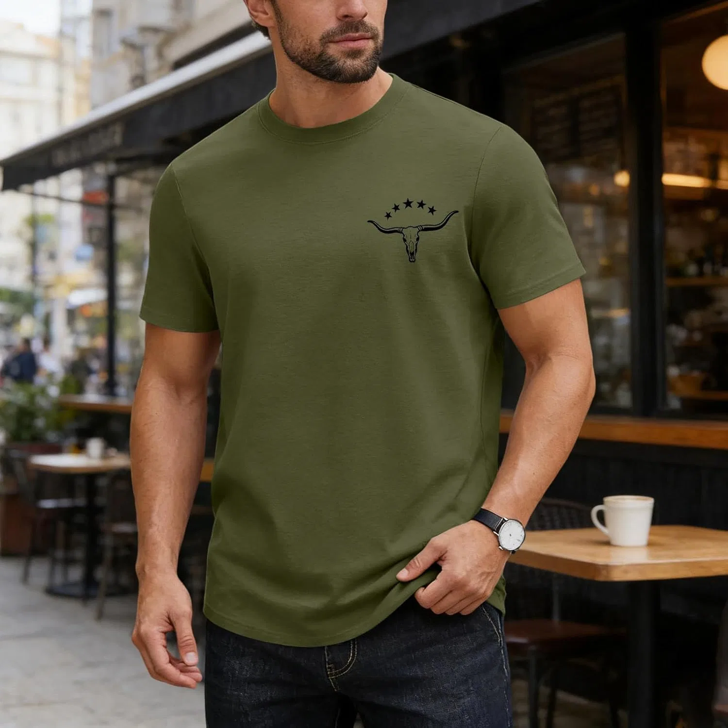 Мужская футболка с принтом черепа быка Vintage, Army Green — фото 2