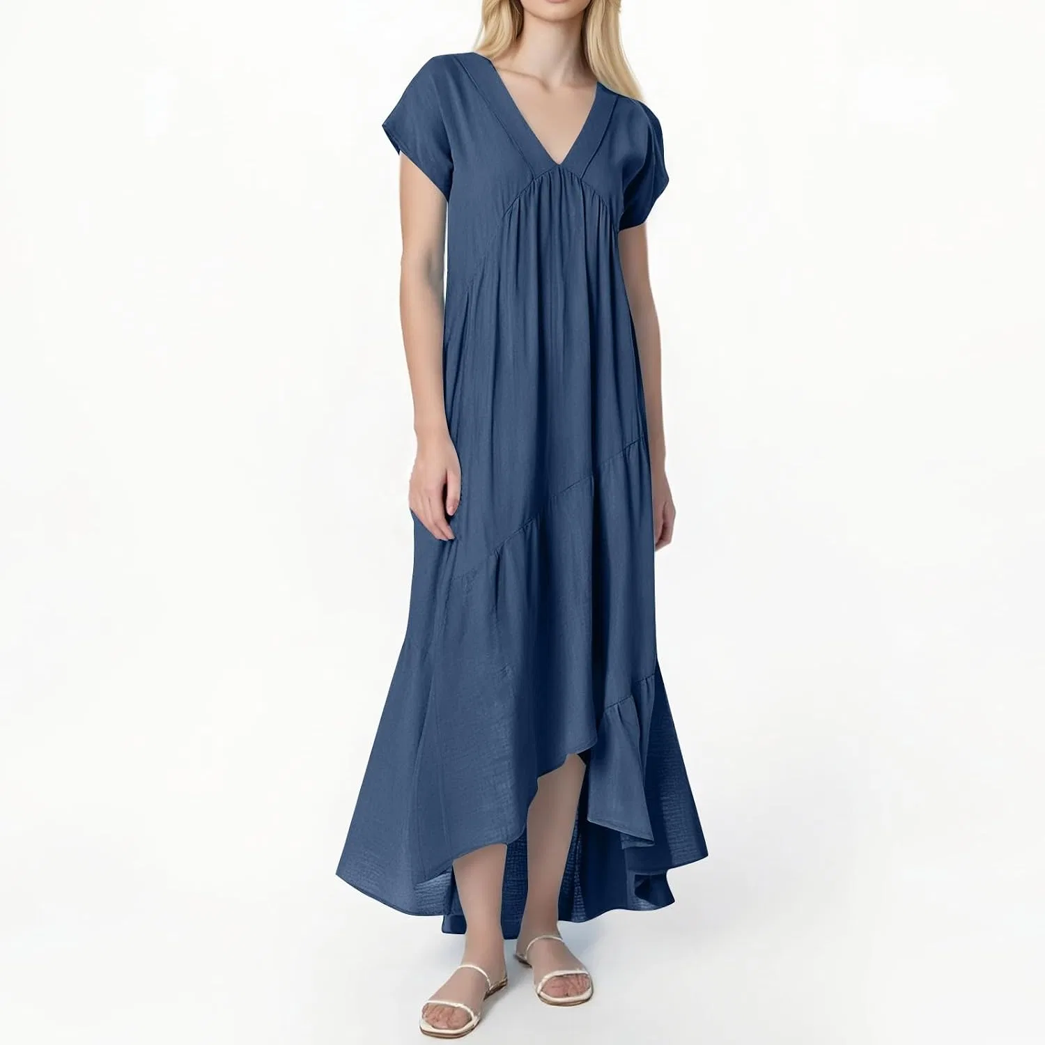 Женское льняное макси-платье с V-образным вырезом, Royal Blue — фото 3