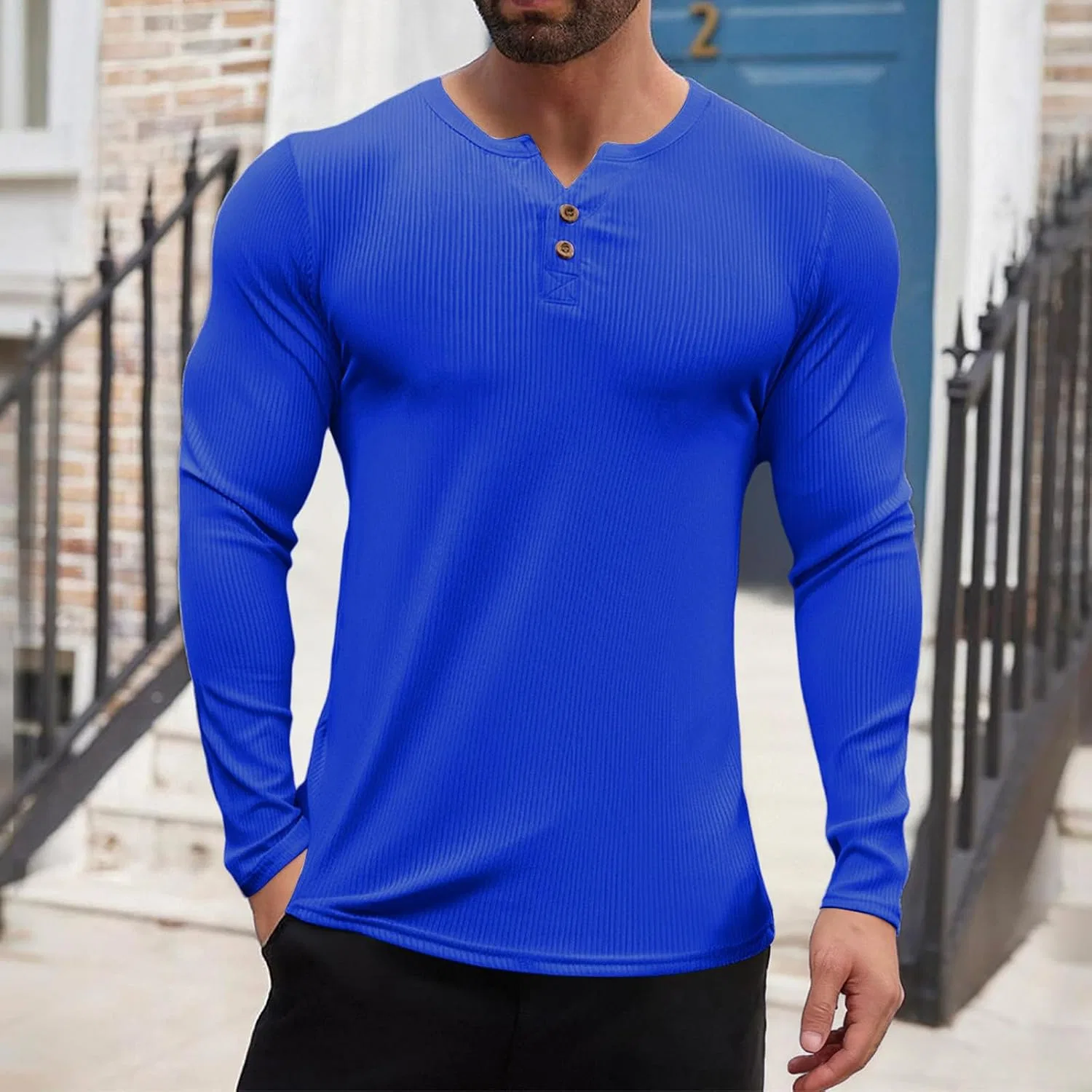Мужская терморубашка с вафельным узором Henley, Blue — фото 2