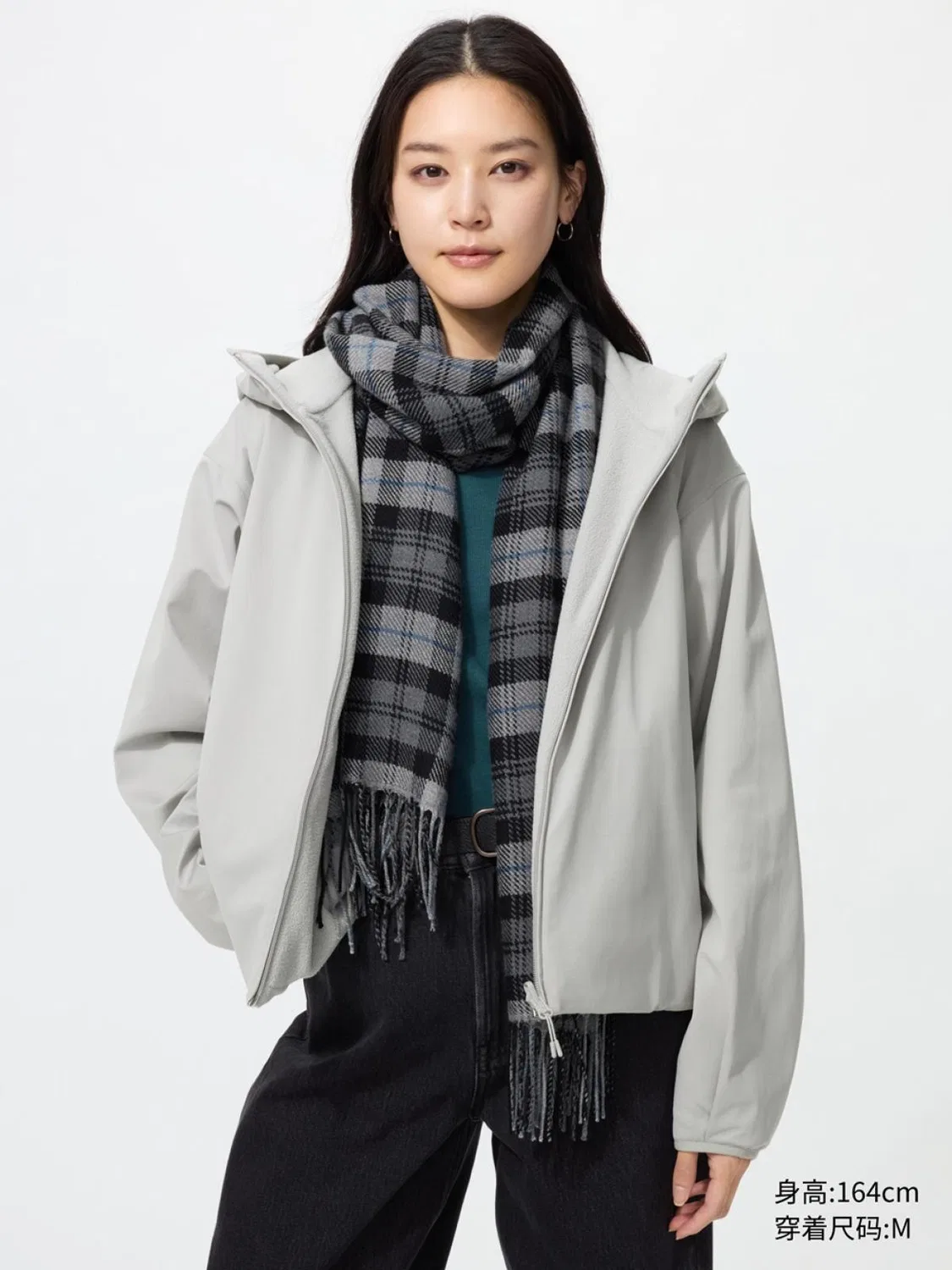 Куртка женская двойная ветрозащитная флисовая на молнии с капюшоном Uniqlo, светло-серый