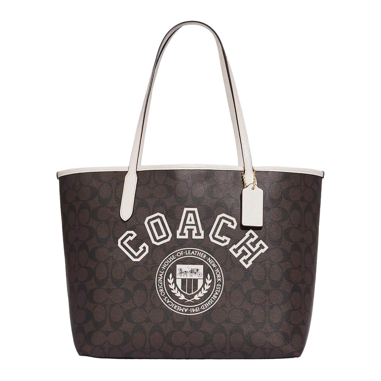 

Сумка Coach Outlet City Tote in Signature Canvas with Varsity Motif, темно-коричневый/белый