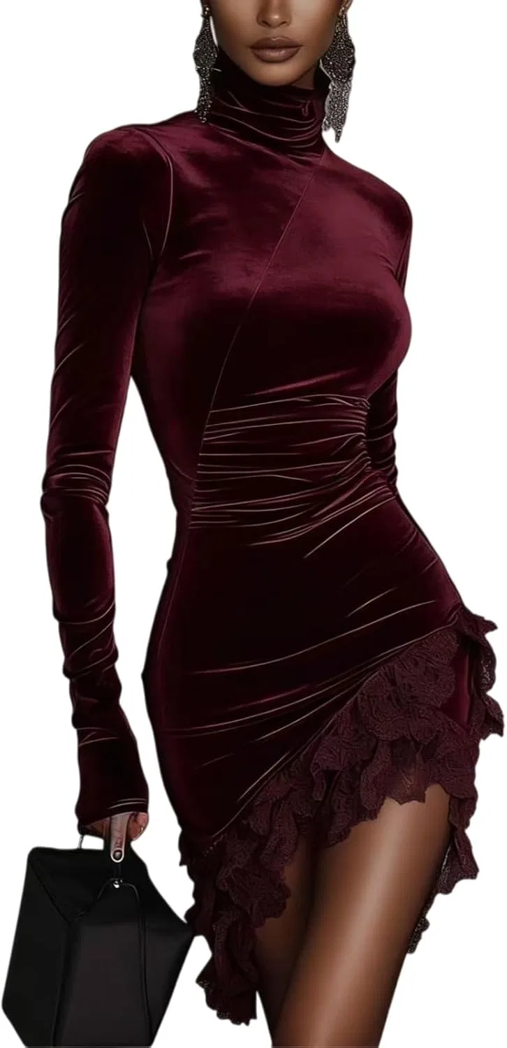 Женское мини-платье из велюра с кружевным подолом, Dark Red
