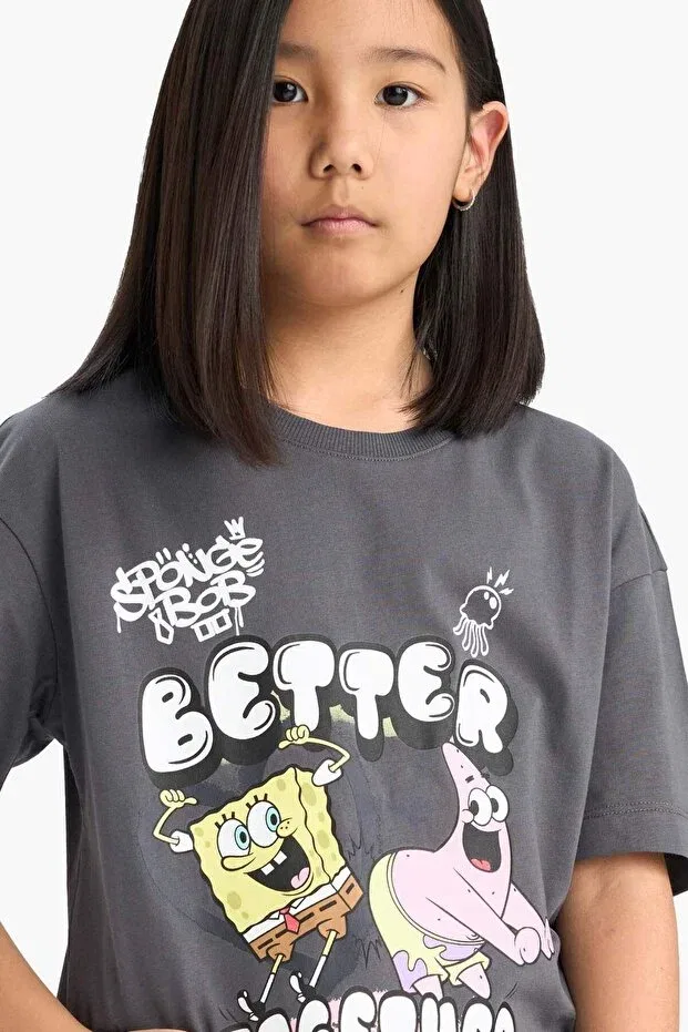 Детская футболка для девочек с принтом Spongebob oversize wide fit crew neck short sleeve t-shirt girl e6565a825hs Defacto, Anthracite-Ar148 — фото 4