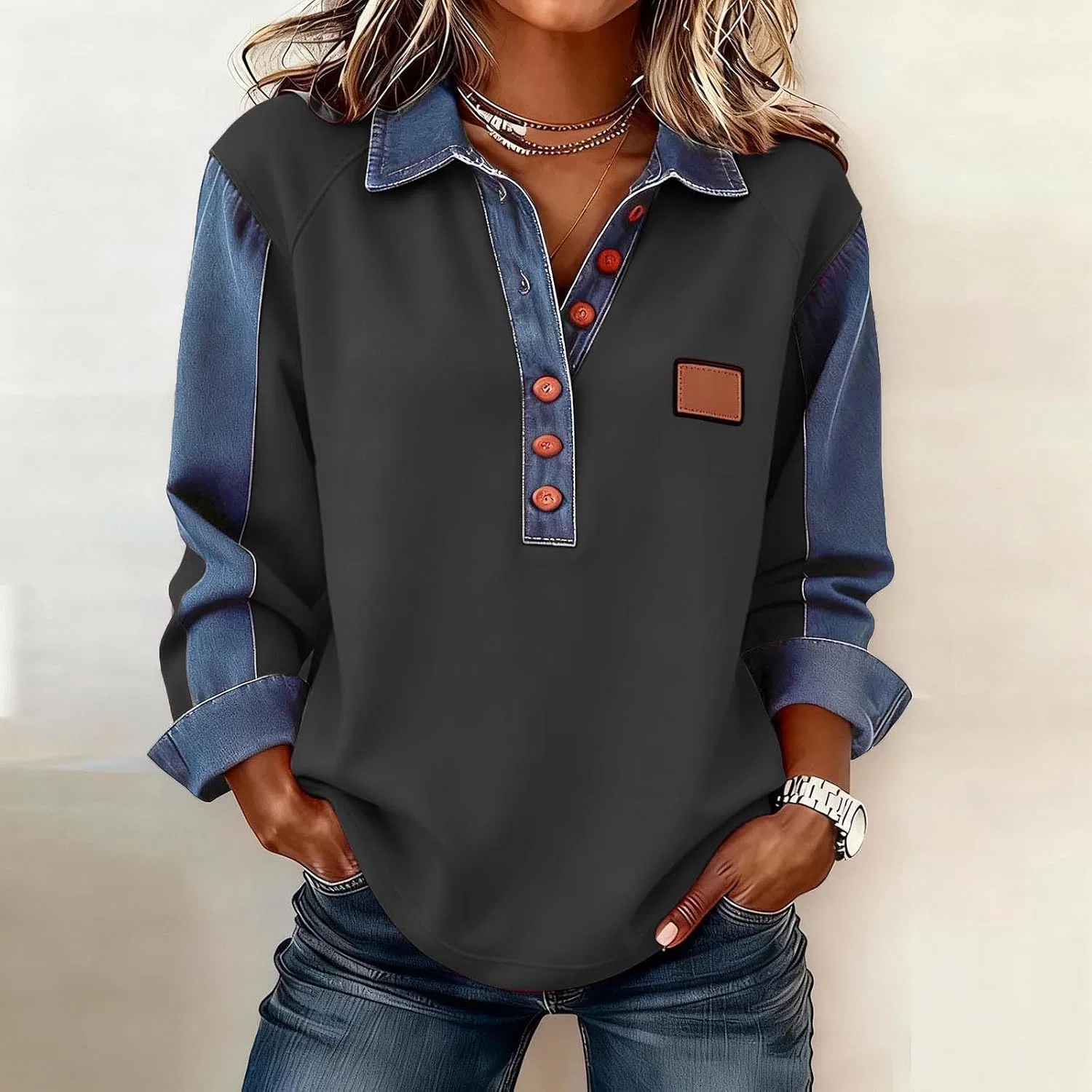 Женский свитшот с денимовыми заплатками, модель Trendy Long Sleeve Pullovers Lapel Collar Henley, тёмно-серый — фото 2