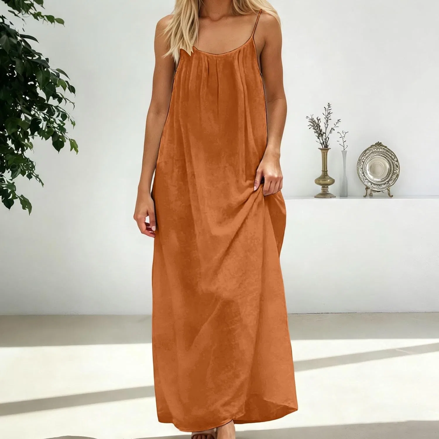 Женское летнее платье-комбинация на бретелях открытая спина, Orange — фото 3