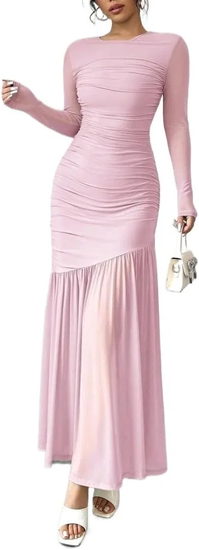 Женское длинное платье миди с сеткой Ruffle, Pink