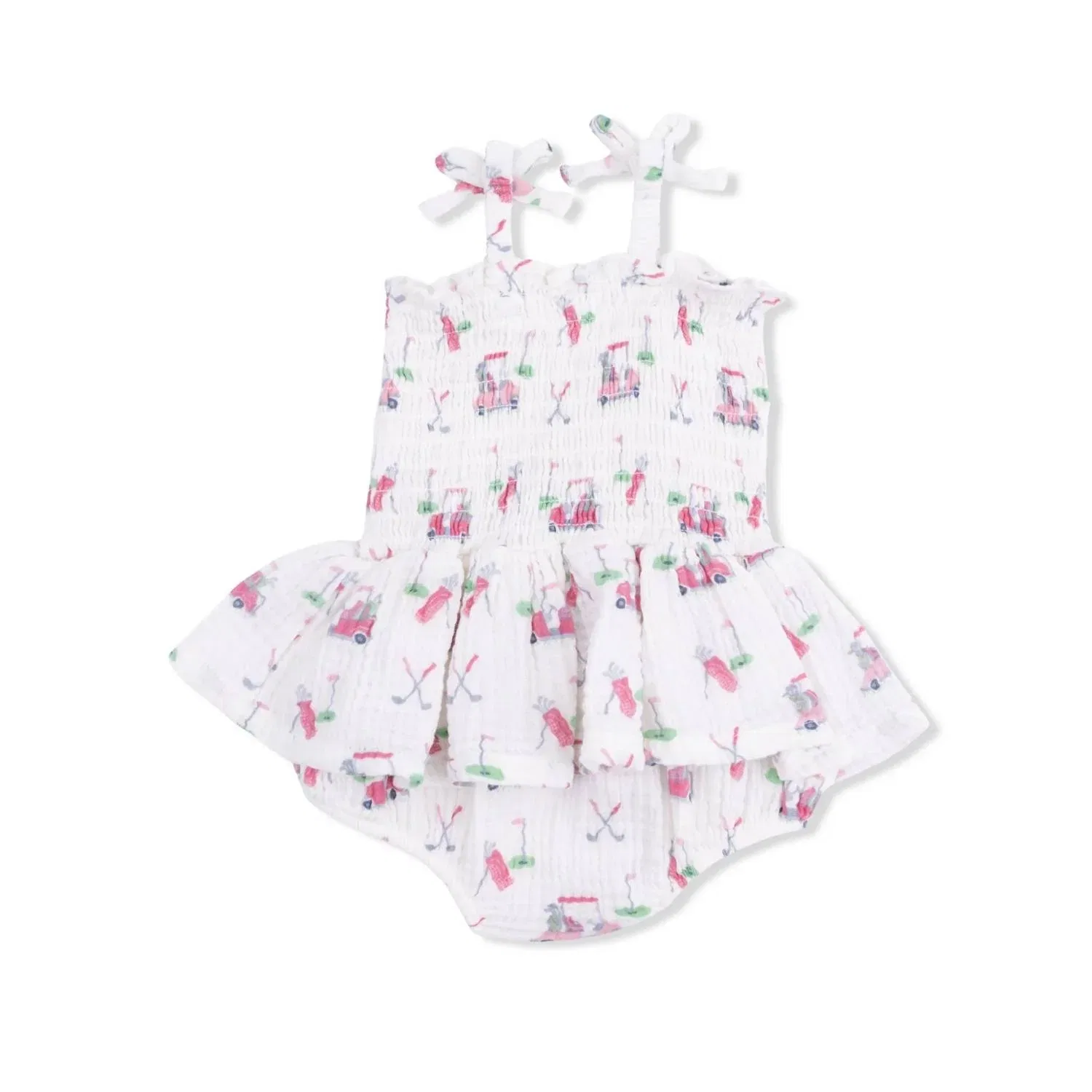 Детский боди-комбинезон для девочек с юбкой и цветочным принтом Golf Carts Muslin Smocked Bubble With Skirt Angel Dear, розовый — фото 2
