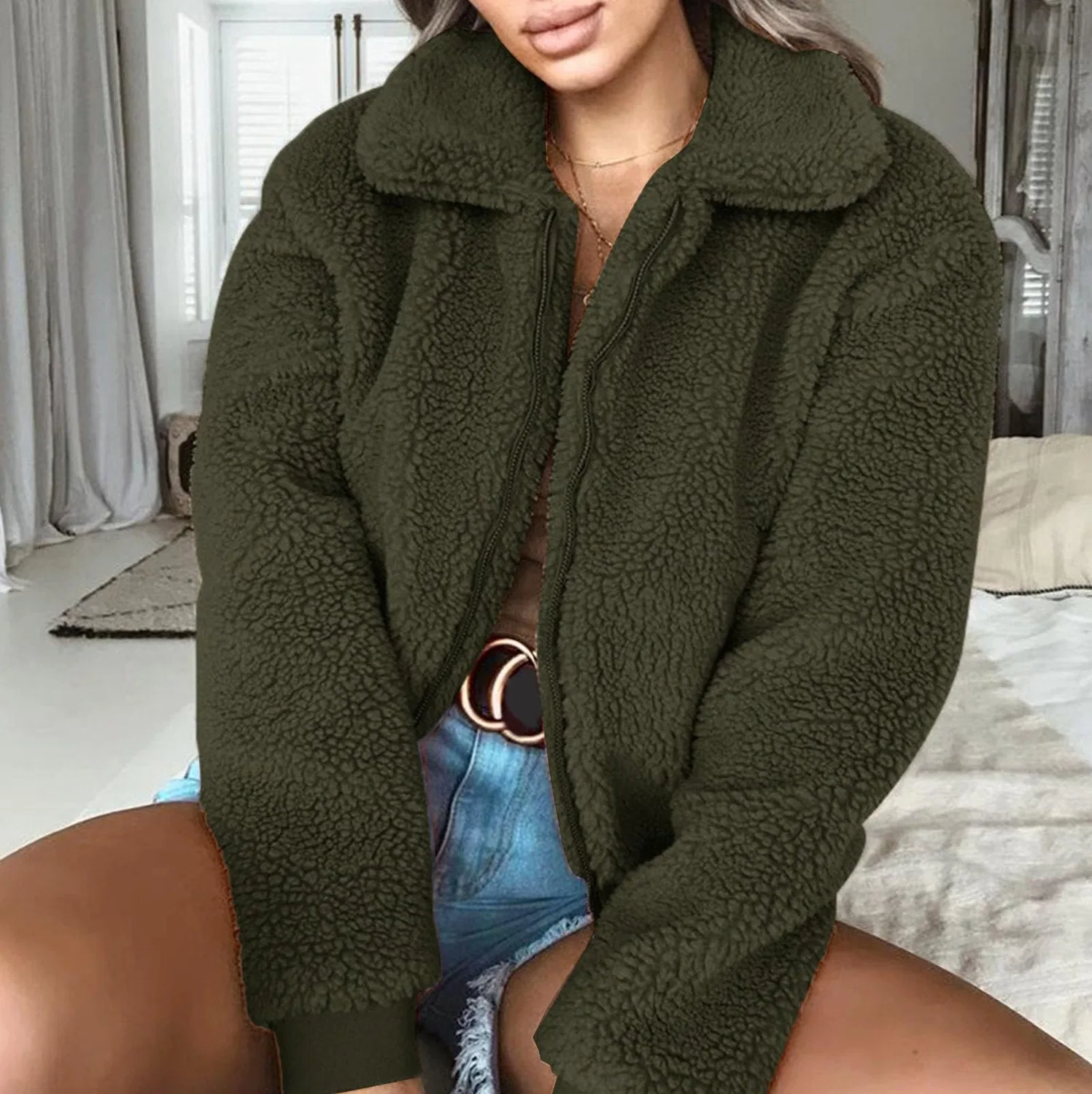 Женское зимнее пальто из искусственного меха с карманами, Army Green — фото 2