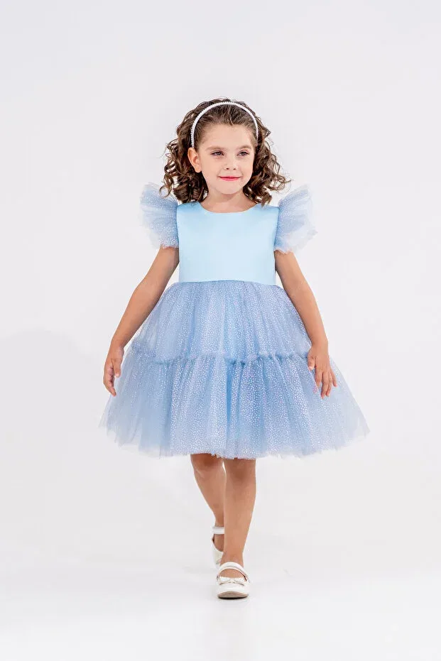 Детское платье для девочек с коротким рукавом Crown Gifted Sleeves Ruffled Eray Kids, Blue — фото 4