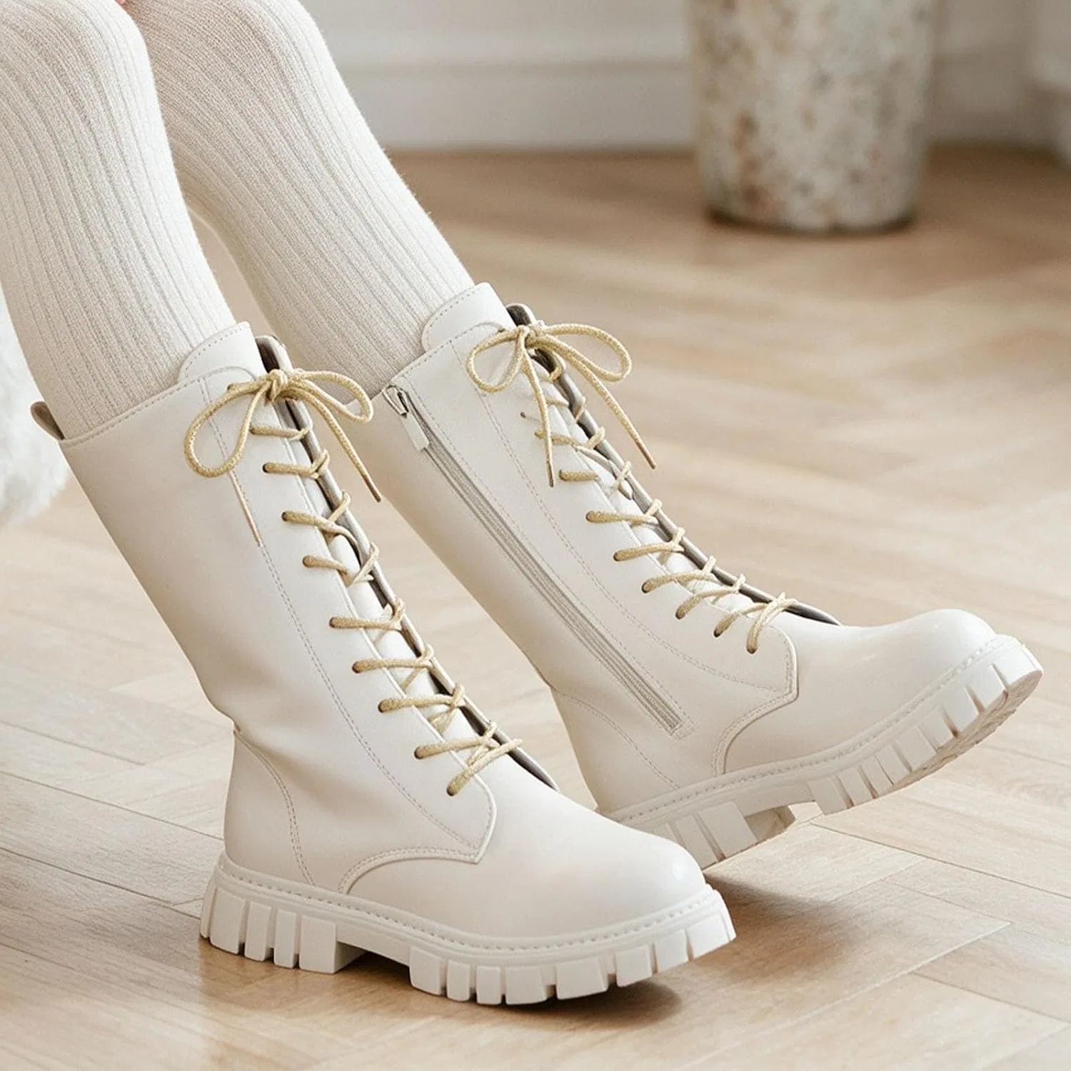Детские ботинки для девочек на шнуровке с боковой молнией Combat Boots Cephalyxion, White — фото 3