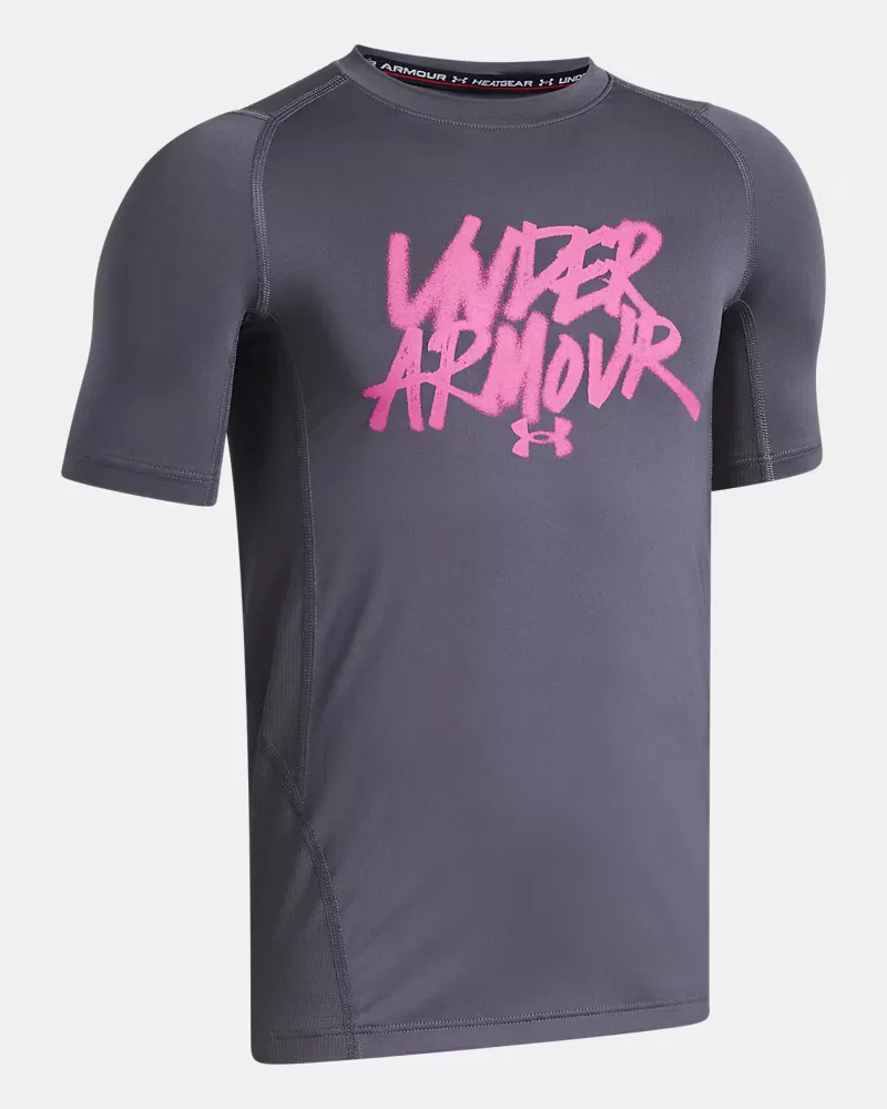 Футболка детская с коротким рукавом из легкой дышащей ткани HeatGear UnderArmour, Castlerock/Pink Frenzy — фото 3