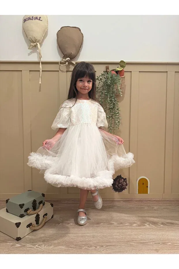 Детское платье для девочек с пайетками модель Ecru sequined balloon sleeve coarse tulle skirted girl's baby girl's evening dress - terra Penu Baby Kids, Ecru — фото 4