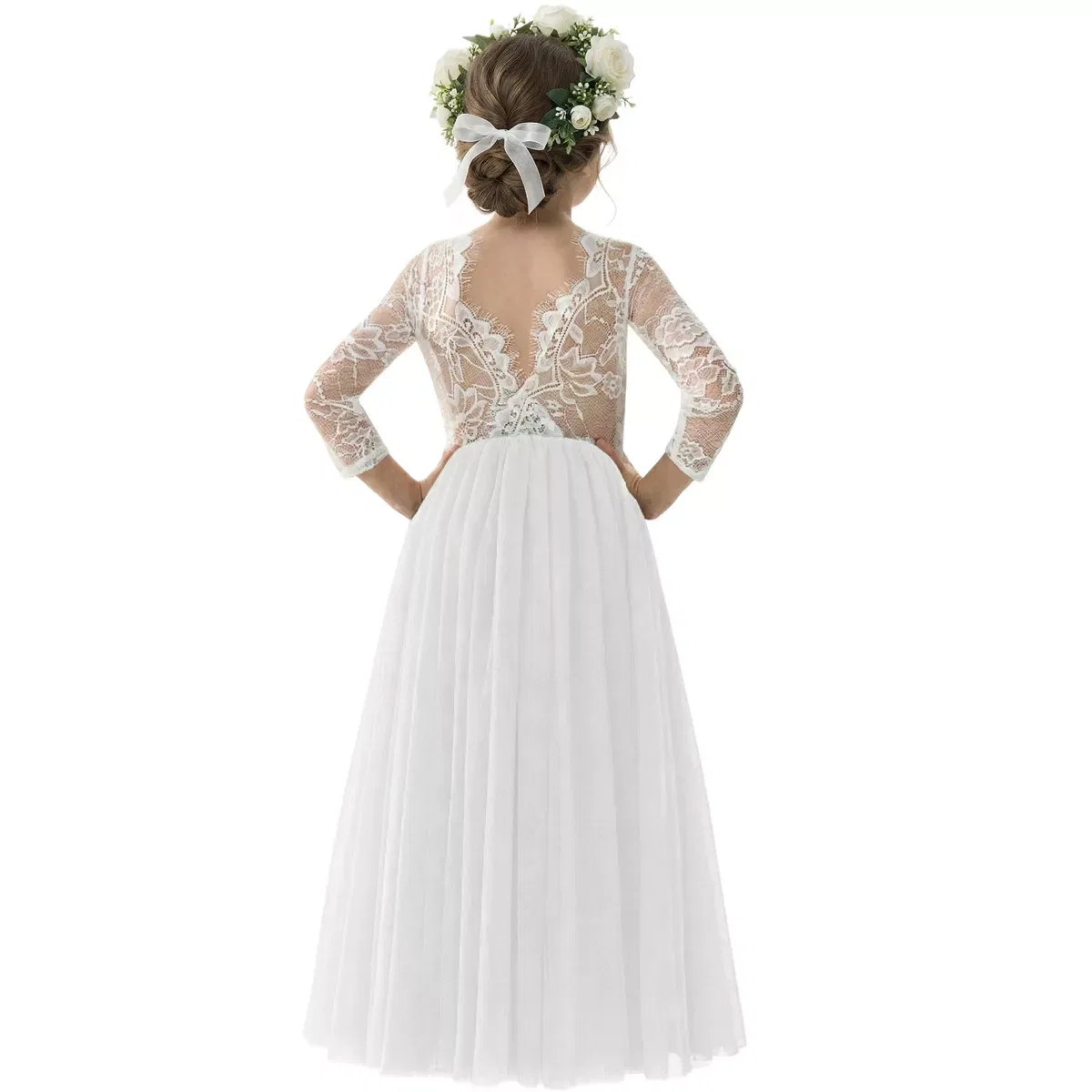 Детское платье для девочек с длинным рукавом Rose Lace Tulle Maxi 2bunnies, White