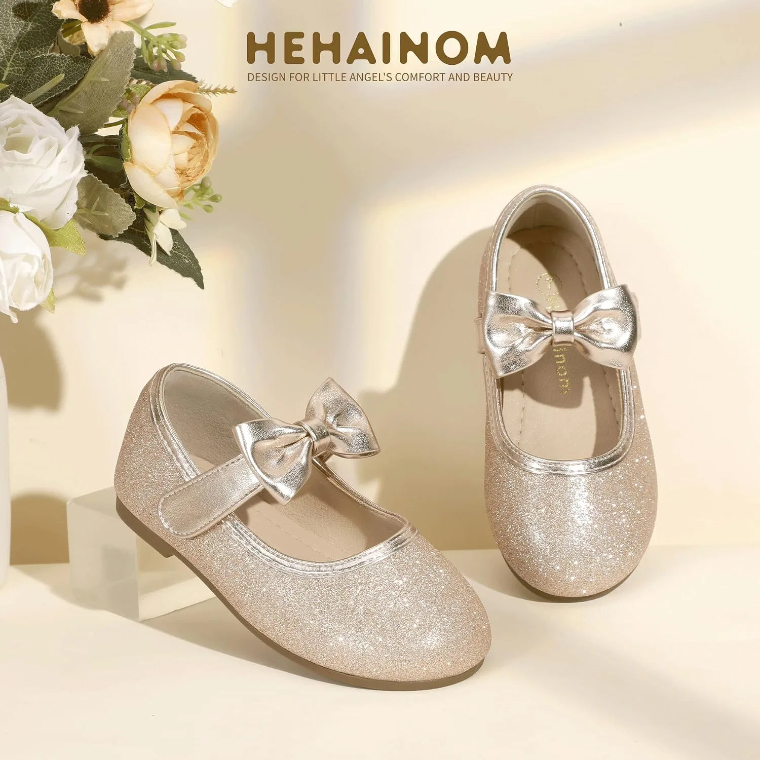 Детские балетки для девочек с бантом Hehainom, Gold Glitter — фото 3