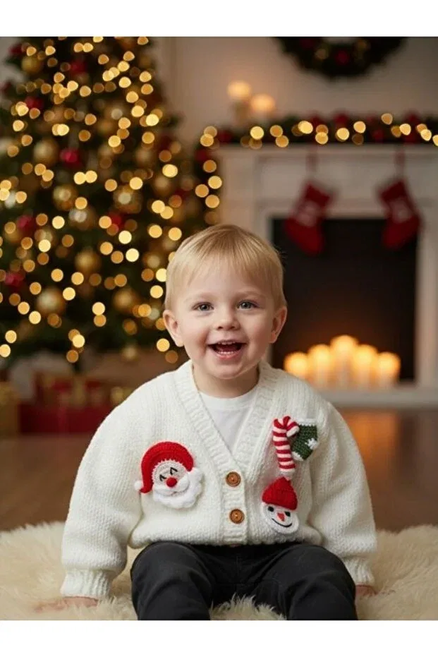 Детский кардиган для девочек хлопковый Special Design Hand-Knitted Figured Children's Cardigan Christmas Concept White Baby Cardigan En Home Style, White — фото 4