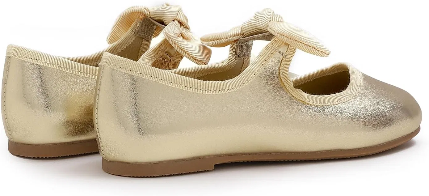 Детские туфли для девочек с пряжкой FEVERSOLE, Vegan Leather Bow Elastic Maryjane Gold — фото 4
