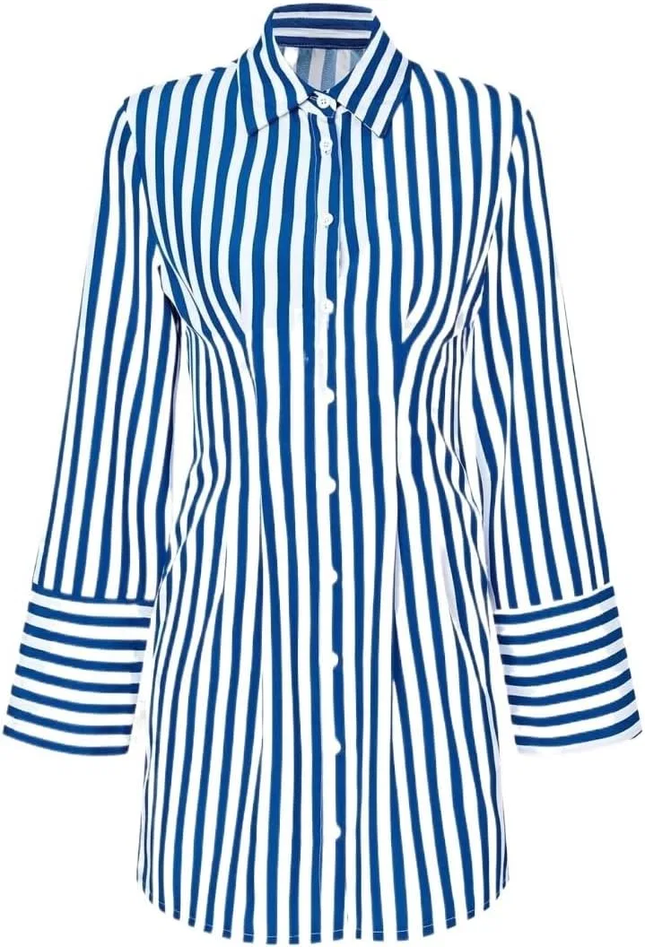 Женское мини-платье с длинным рукавом в полоску, Blue and White