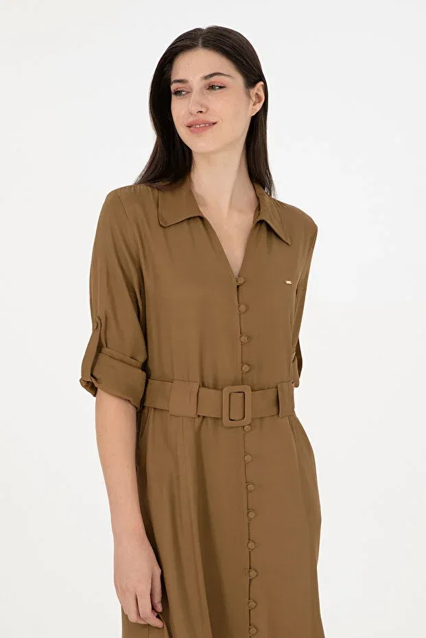 Женское платье-трапеция с длинным рукавом U.S. Polo Assn., Khaki — фото 2