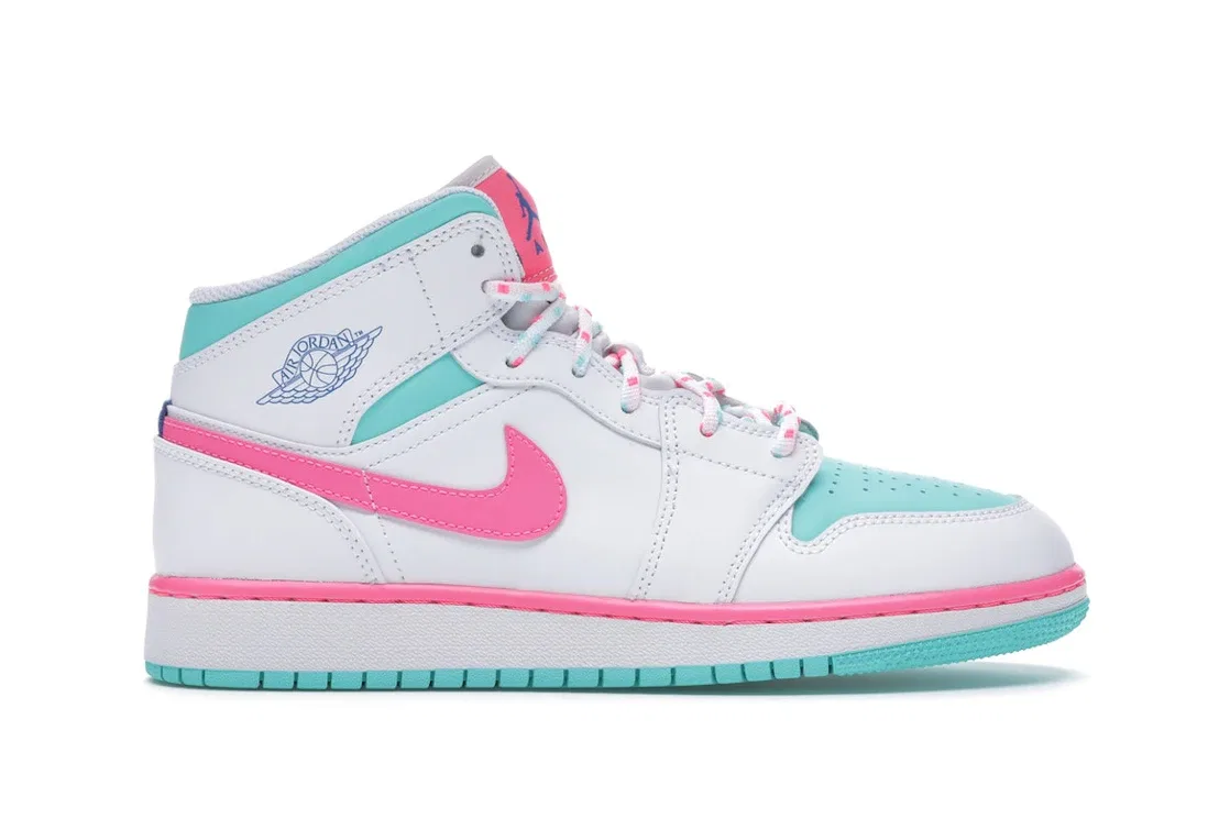 Детские кроссовки для мальчиков с принтом Jordan 1 Mid Jordan, White/Digital Pink-Aurora Green-Soar