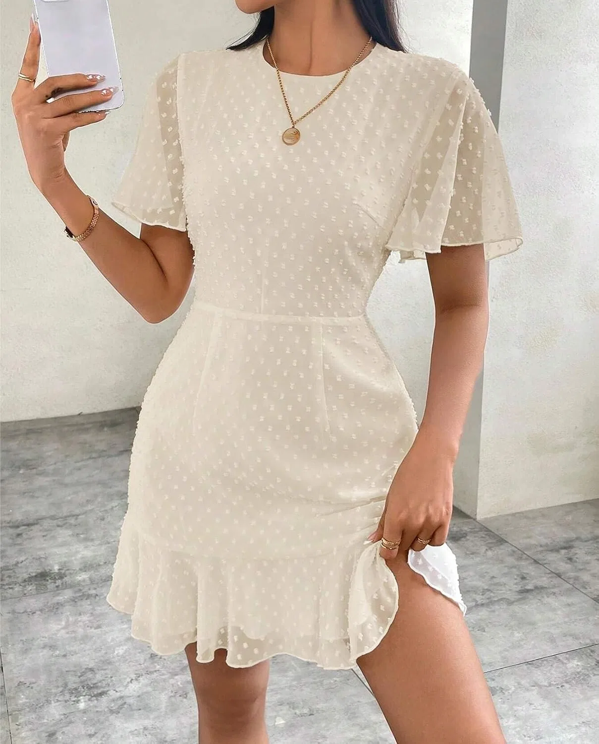 Женское повседневное платье с воланами Elegant Polka Dot Chiffon, Apricot — фото 2