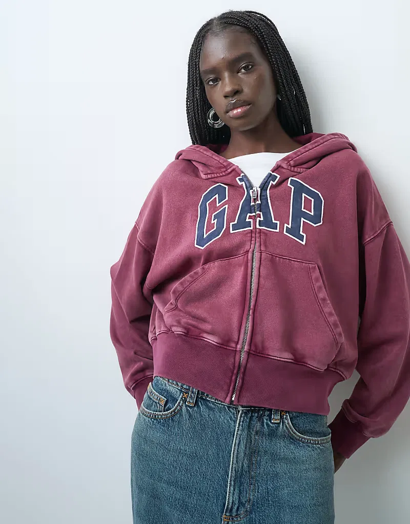 Толстовка GAP с логотипом на груди и застежкой-молнией, большого размера, бордовый — фото 3