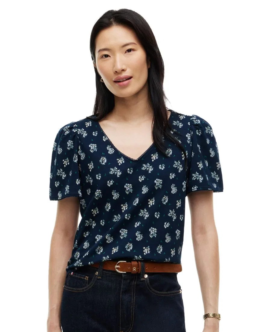 Топ с принтом, с контрастной отделкой и короткими рукавами-фонариками Tommy Hilfiger, Traditional Floral Dark Blue