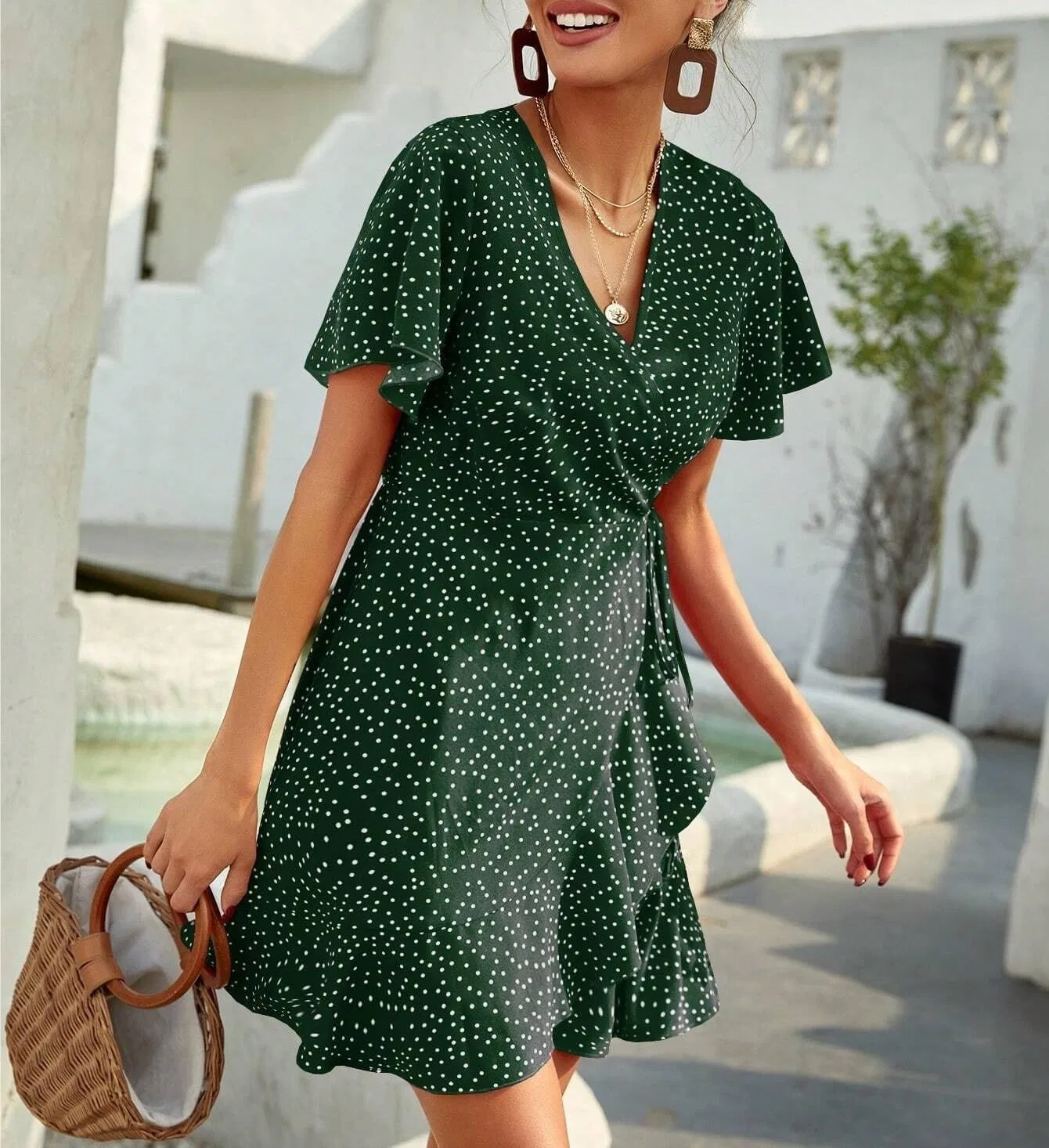 Женское повседневное платье A-силуэта с воротником V, Dark Green — фото 4