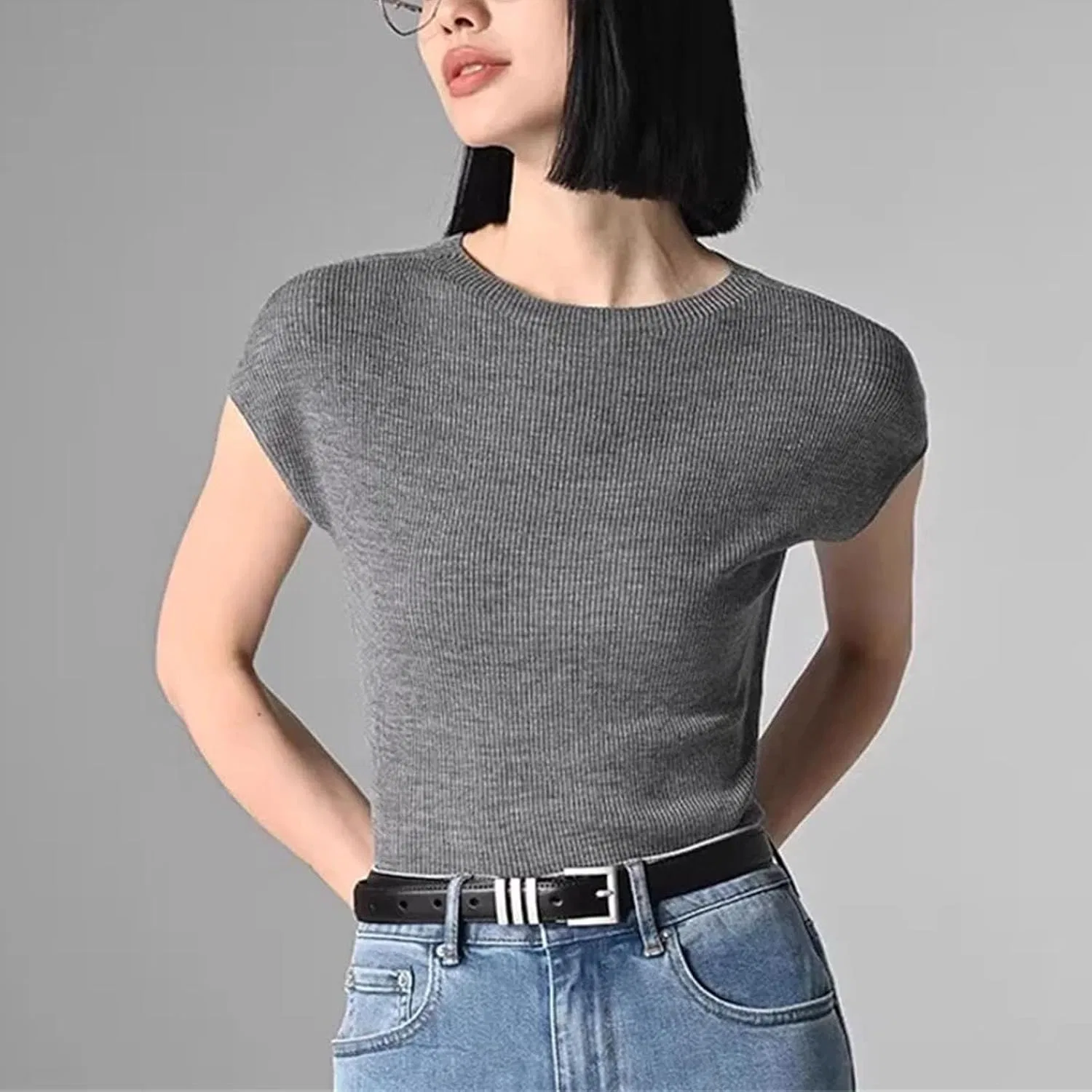 Женская футболка из шерсти с круглым вырезом, Gray — фото 2