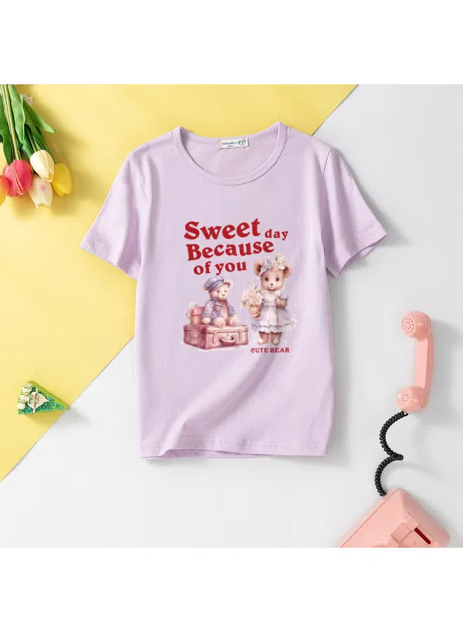 Футболка с принтом медвежонка и буквами, хлопковая, Jeanswest, фиолетовый — фото 2