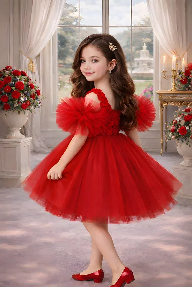Детское платье для девочек с длинным рукавом Pompom sleeves rose patterned tulle party and birthday dress Rumi Kids, Red — фото 3