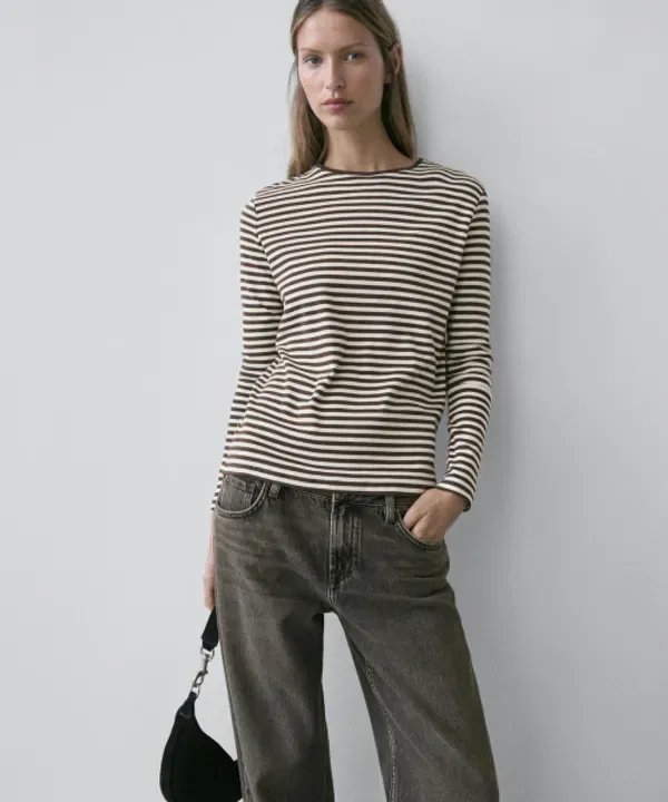 Футболка с длинным рукавом, контрастная отделка, полоска, Massimo Dutti