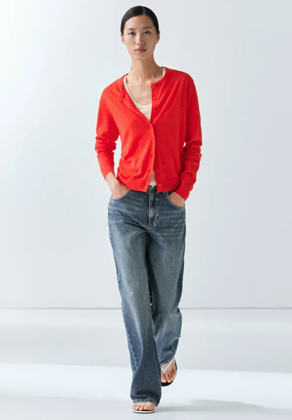 Кардиган с круглым вырезом, тонкой вязки Massimo Dutti, Red — фото 2
