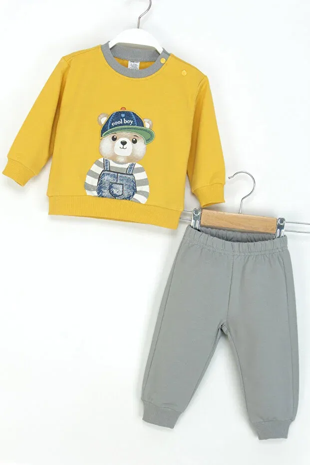 Детский комплект свитшота и брюк с принтом Teddy Bear Embroidered Cotton Fabric Dmb Boys & Girls, Yellow — фото 3
