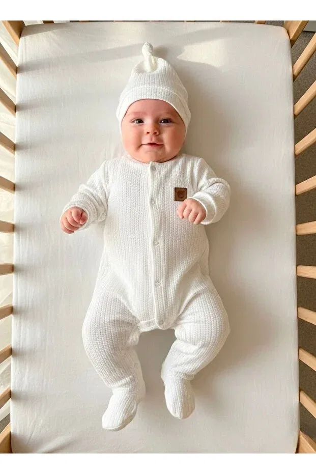 Детский комбинезон для новорожденных хлопковый Organic cotton long sleeve baby bodysuit with booties - soft textured newborn jumpsuit Babytex, White