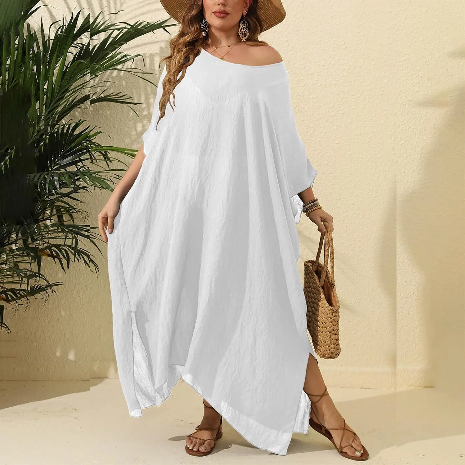 Женский пляжный халат оверсайз свободный swim cover up, White — фото 2
