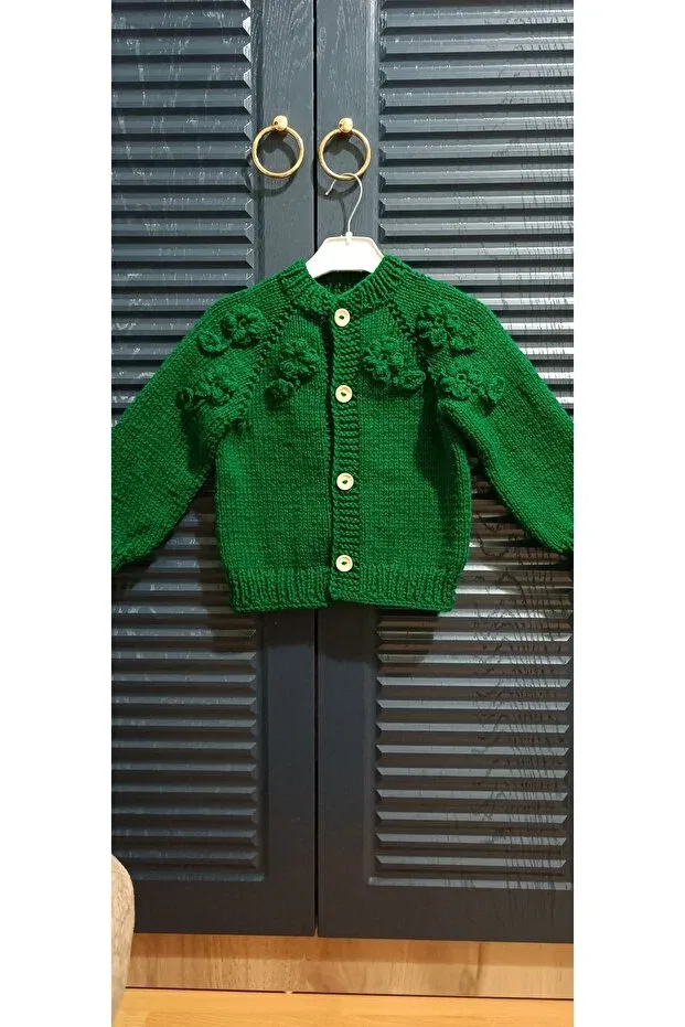 Детский кардиган для девочек вязаный Hand knitted girl's cardigan El Örgüsü Cici Bebe, Dark Green — фото 3