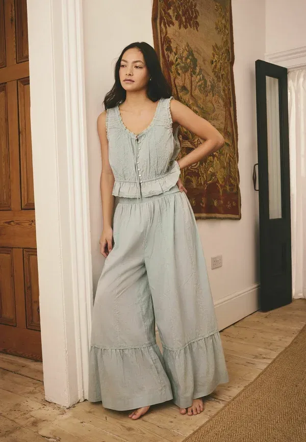 Пижамный комплект из хлопка Regular fit cotton embroidered built up vest and wide leg floaty pyjama bottoms set Next, pale blue, бледно-голубой