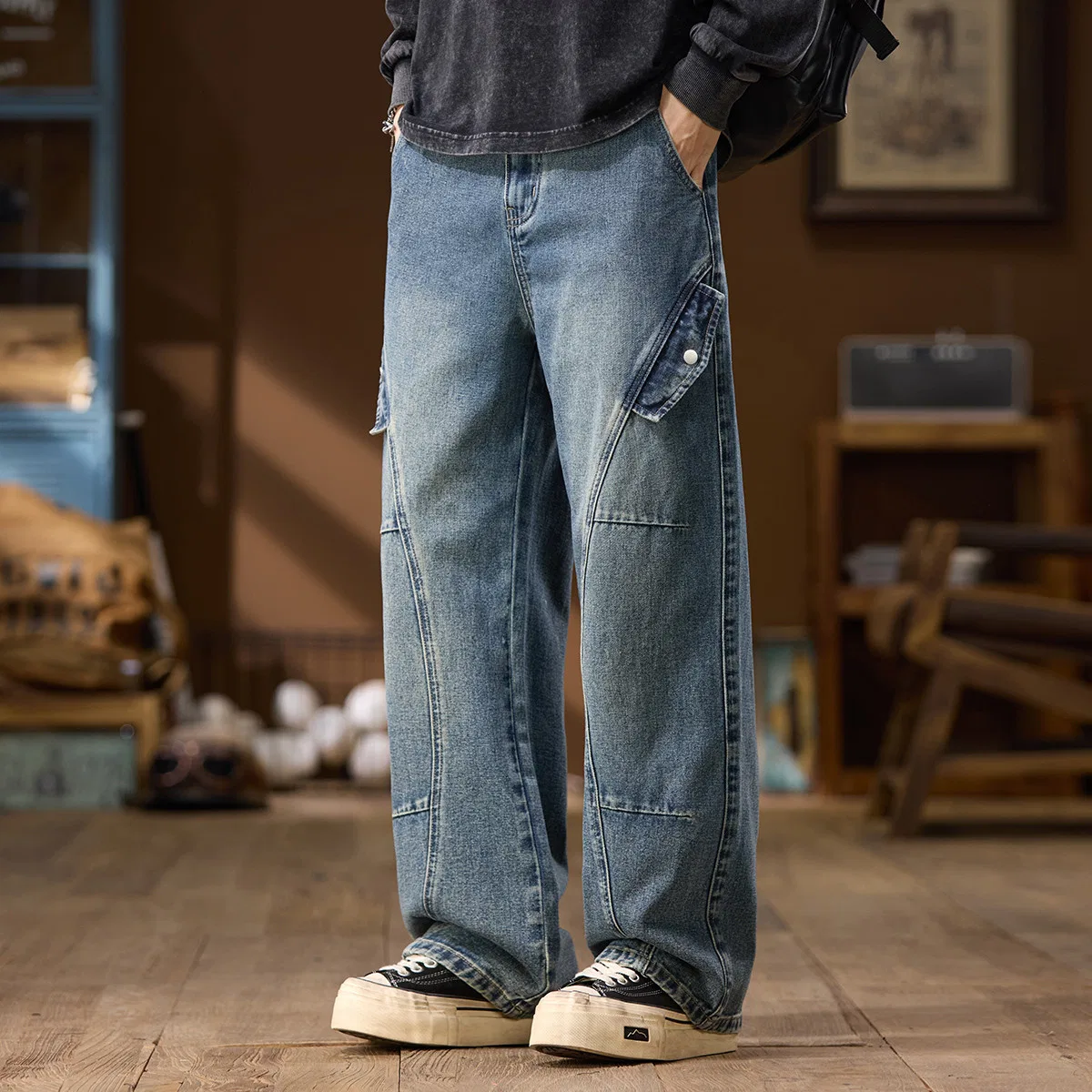 Детские джинсы свободного кроя с широкой штаниной Tonlion, Denim Blue — фото 4