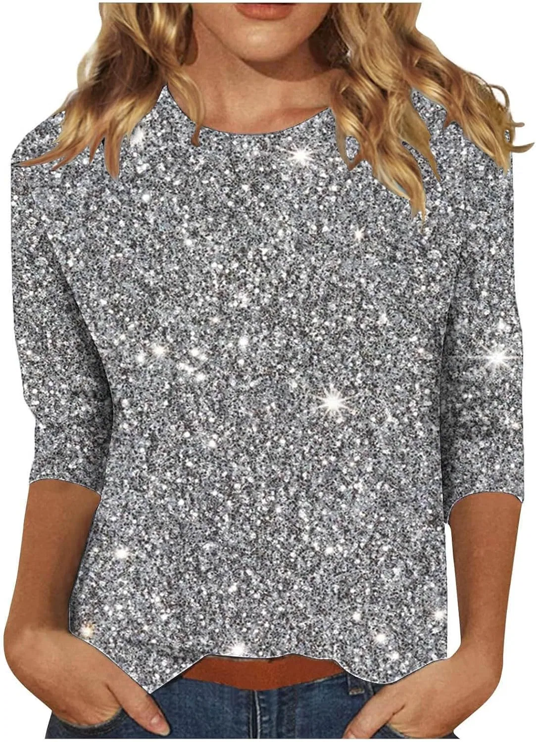 Женская футболка с пайетками и 3/4 рукавом, Grey