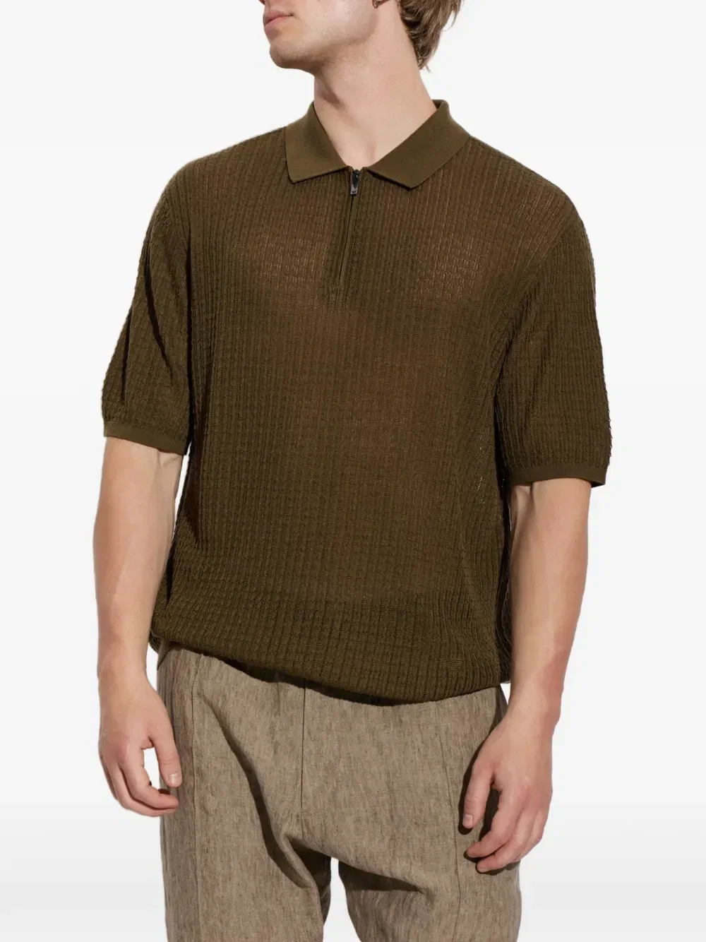 Поло с ворником на молнии из тканого трикотажа Emporio Armani, зеленый — фото 3