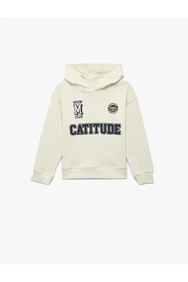 Детские свитшот для девочек с принтом Cotton Embroidery Detailed Long Sleeve Hooded Koton, Beige — фото 4