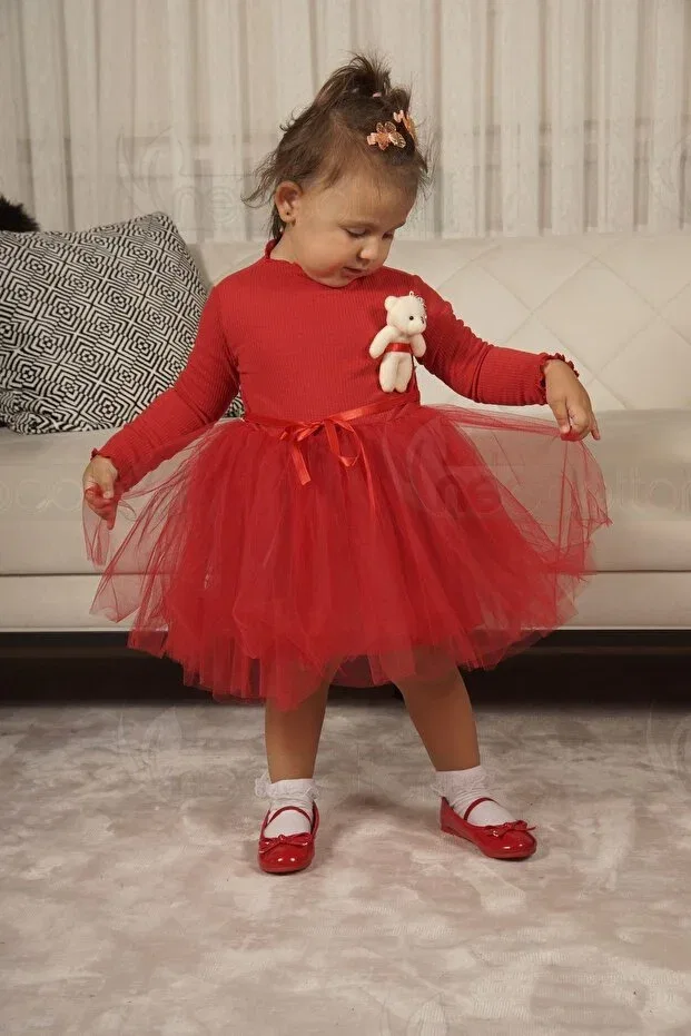 Детское платье для девочек с длинным рукавом Toy Teddy Bear Print Neocotton, Red — фото 4