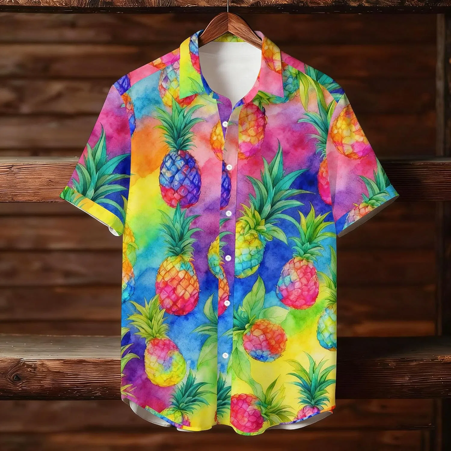 Мужская гавайская рубашка с принтом пальм и ананасов Button Down Casual Tee, Multicolor — фото 3