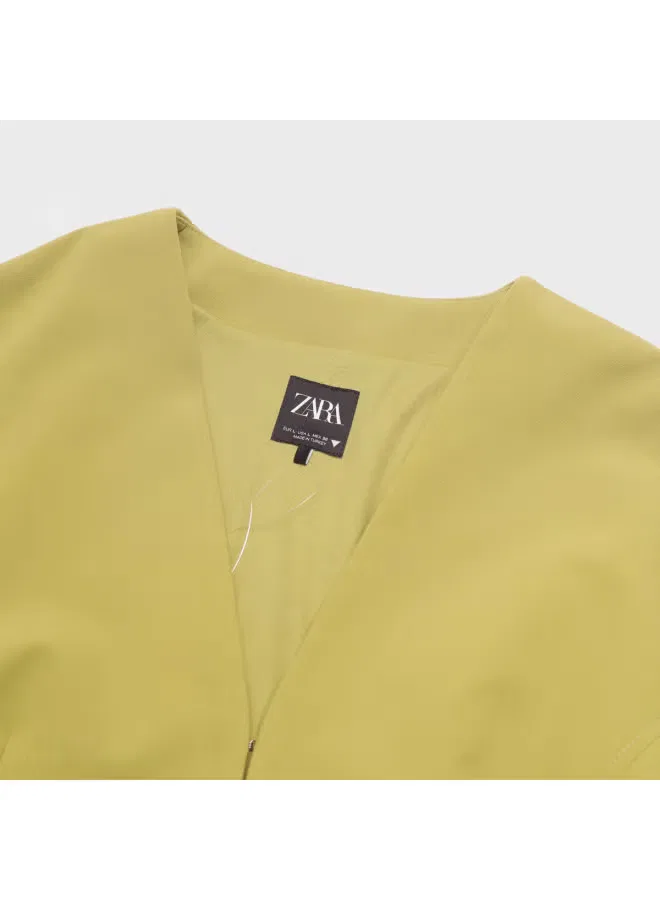 Жакет укороченный с поясом и V-образным вырезом Zara, горчичный — фото 4