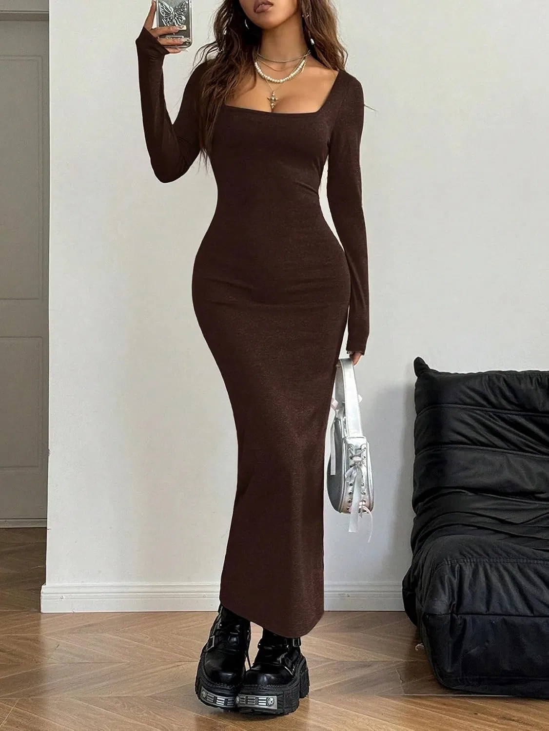 Женское облегающее платье с квадратным вырезом Solid Color, Brown — фото 3