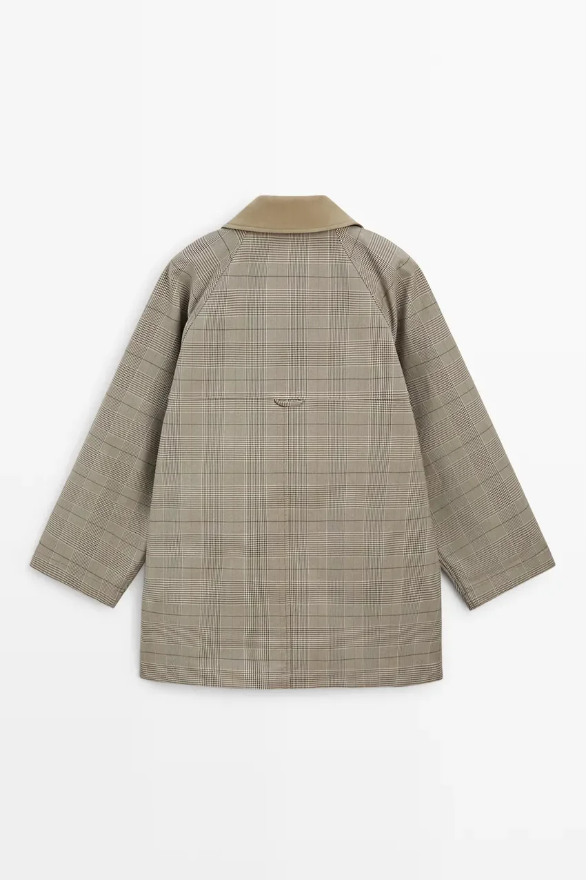 Жакет Massimo Dutti Cotton Blend Plaid High Neck, хаки — фото 3
