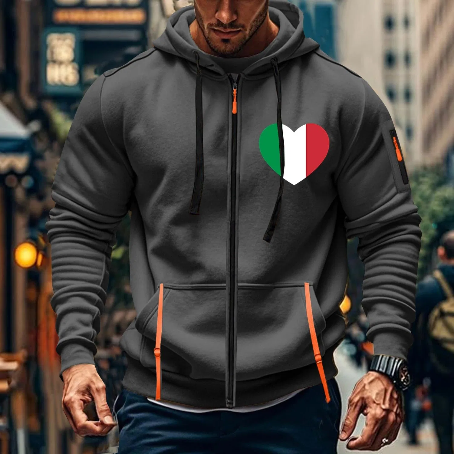 Мужской худи с капюшоном и принтом итальянского флага, Z01-grigio Scuro Uomo Quarter Zip Felpa Con Cappuccio — фото 2