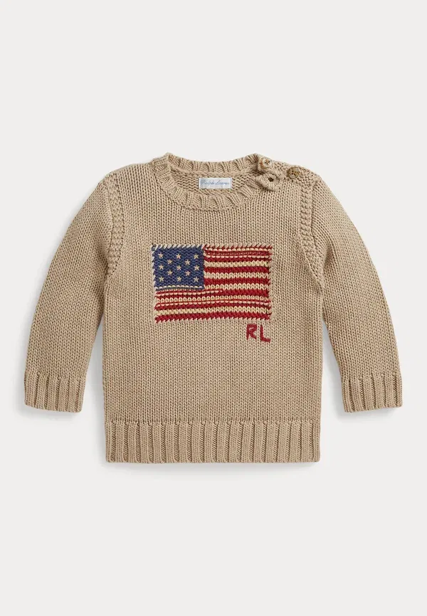 Джемпер с контрастной отделкой, хлопок, Contrast-trim iconic flag sweater, Polo Ralph Lauren, oatmeal multi