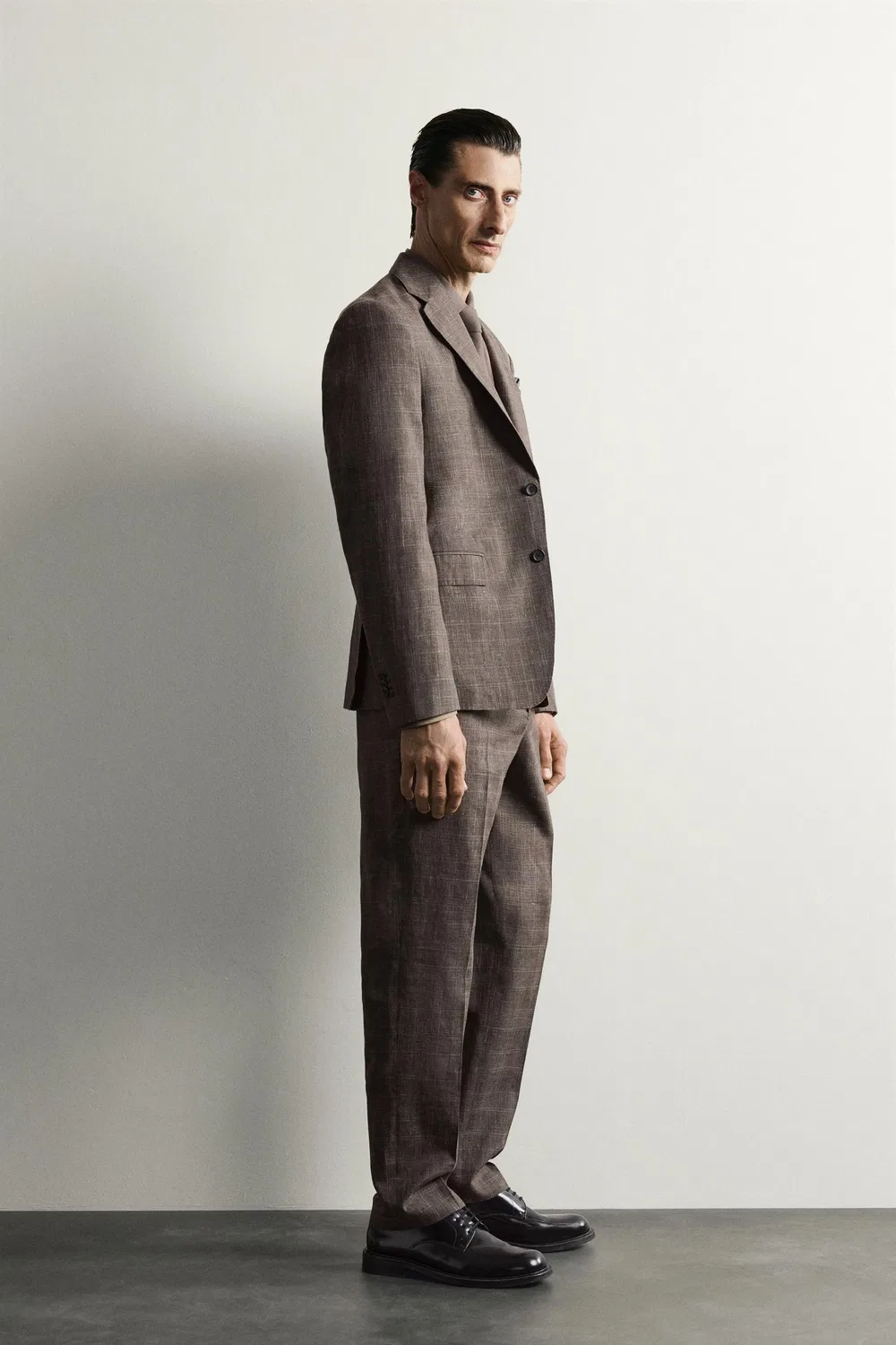 Брюки от костюма в клетку из льна и шерсти ZARA, Brown — фото 4
