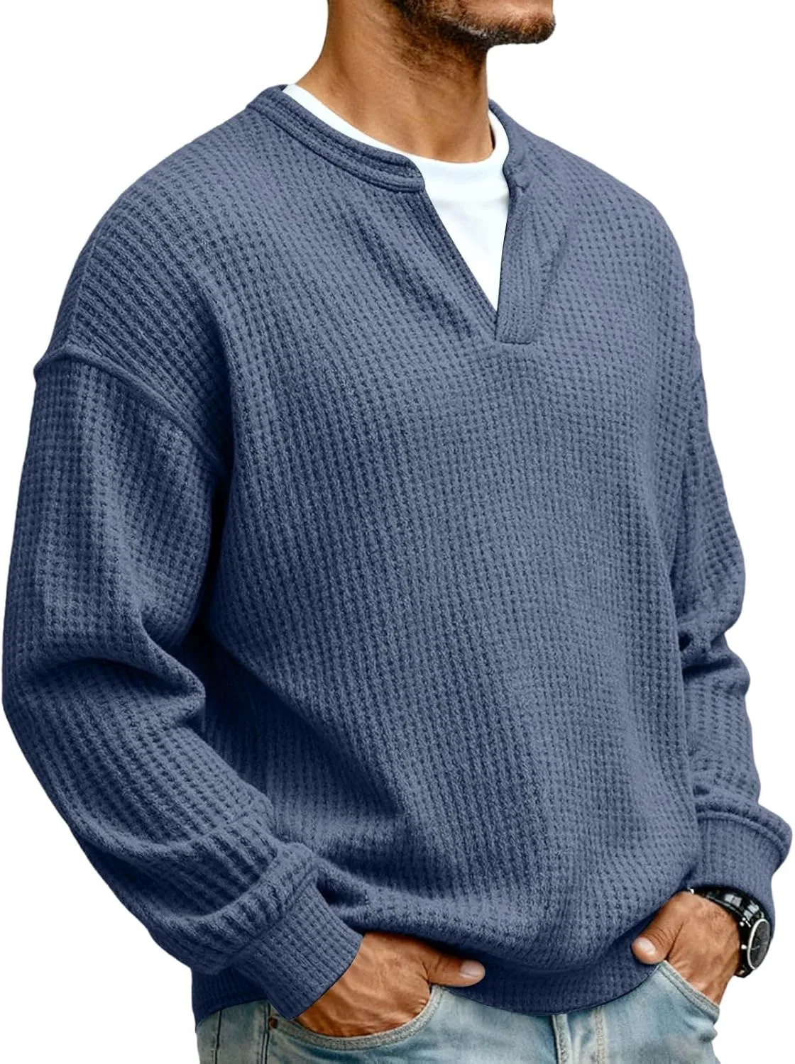 Женская длинная футболка с воротником-хенли Waffle Knit, Navy — фото 2
